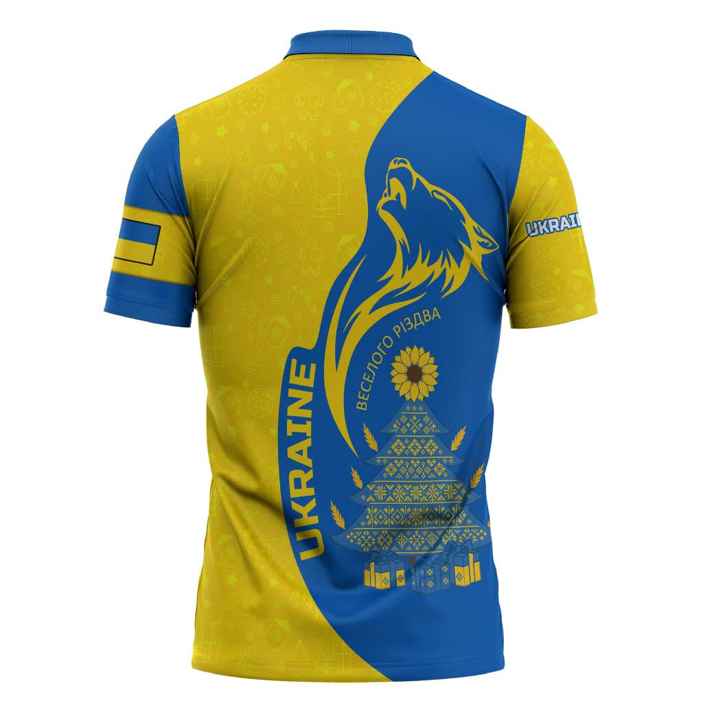 Ukraine Christmas Zipper Polo Shirt with Howling Wolf Sunflower Tree and Traditional Ornament Design - Wonder Print Shop
