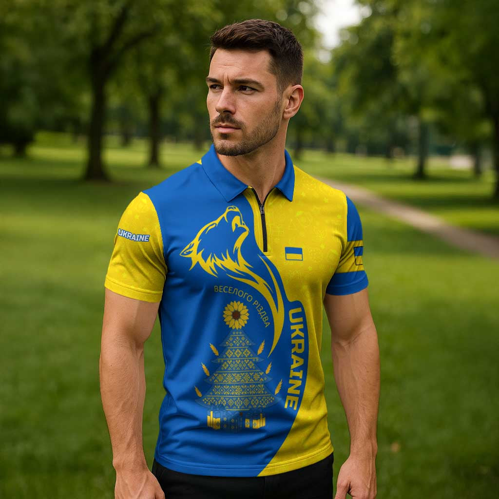 Ukraine Christmas Zipper Polo Shirt with Howling Wolf Sunflower Tree and Traditional Ornament Design - Wonder Print Shop