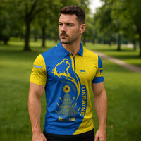 Ukraine Christmas Zipper Polo Shirt with Howling Wolf Sunflower Tree and Traditional Ornament Design - Wonder Print Shop