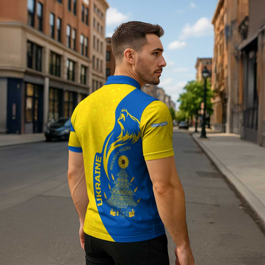 Ukraine Christmas Zipper Polo Shirt with Howling Wolf Sunflower Tree and Traditional Ornament Design - Wonder Print Shop