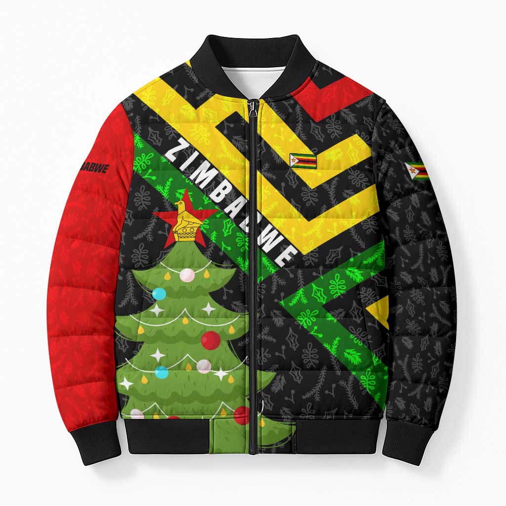 Zimbabwe Christmas Bomber Puffer Jacket with Flag Colors Xmas Tree and Holiday - Wonder Print Shop