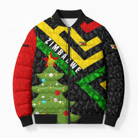 Zimbabwe Christmas Bomber Puffer Jacket with Flag Colors Xmas Tree and Holiday - Wonder Print Shop