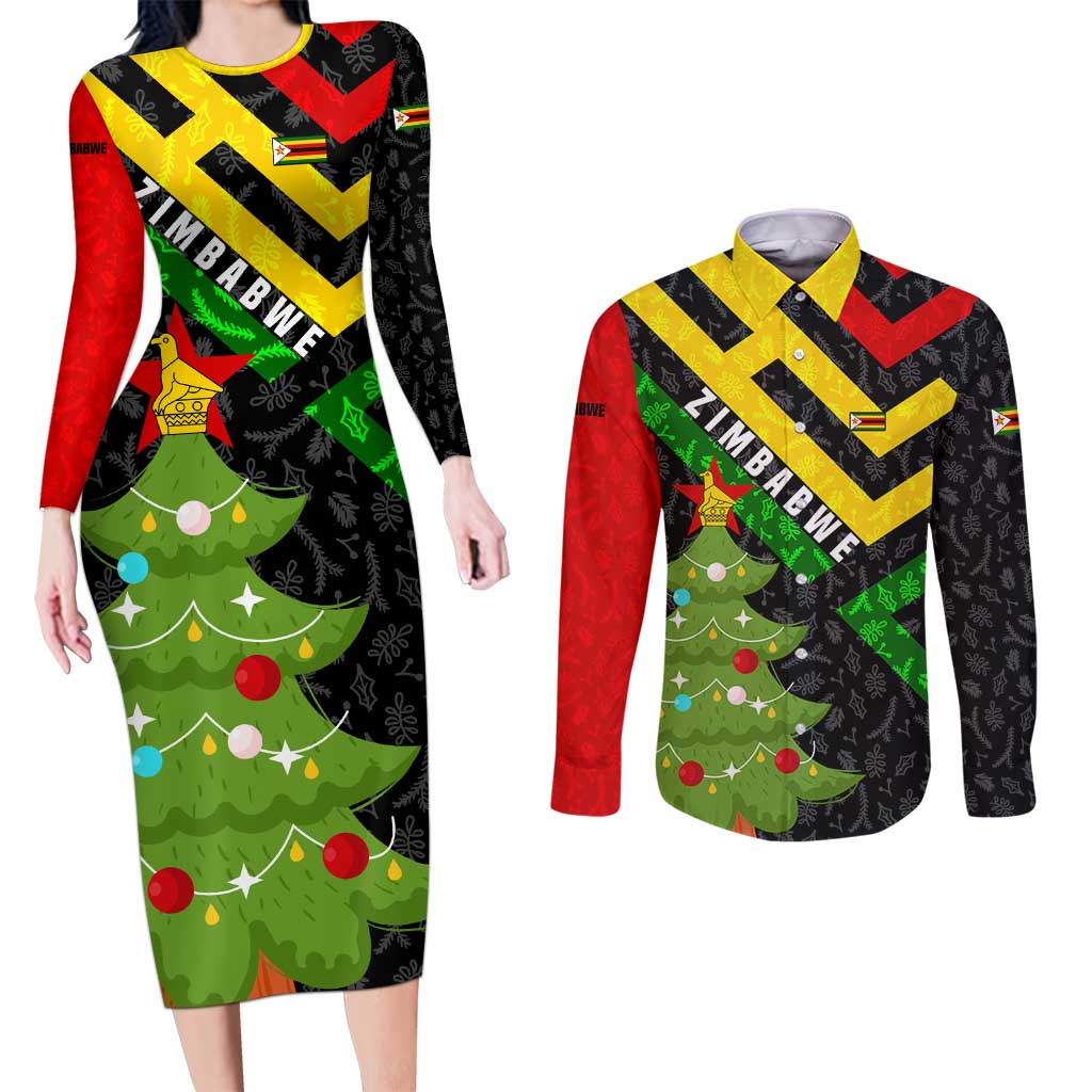 Zimbabwe Christmas Couples Matching Long Sleeve Bodycon Dress and Long Sleeve Button Shirt with Flag Colors Xmas Tree and Holiday - Wonder Print Shop