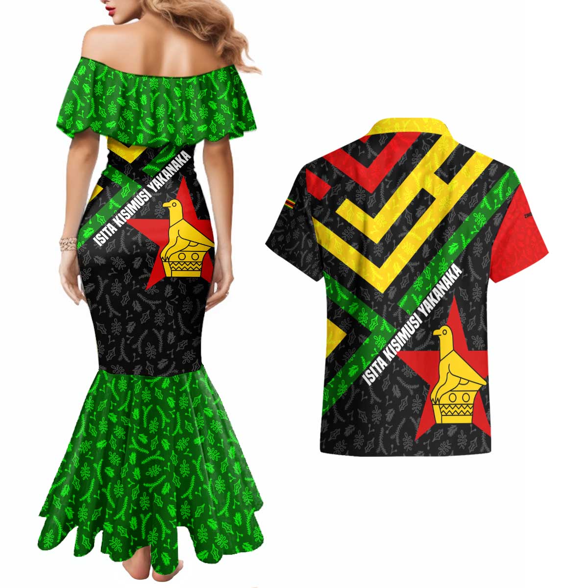 Zimbabwe Christmas Couples Matching Mermaid Dress and Hawaiian Shirt with Flag Colors Xmas Tree and Holiday - Wonder Print Shop