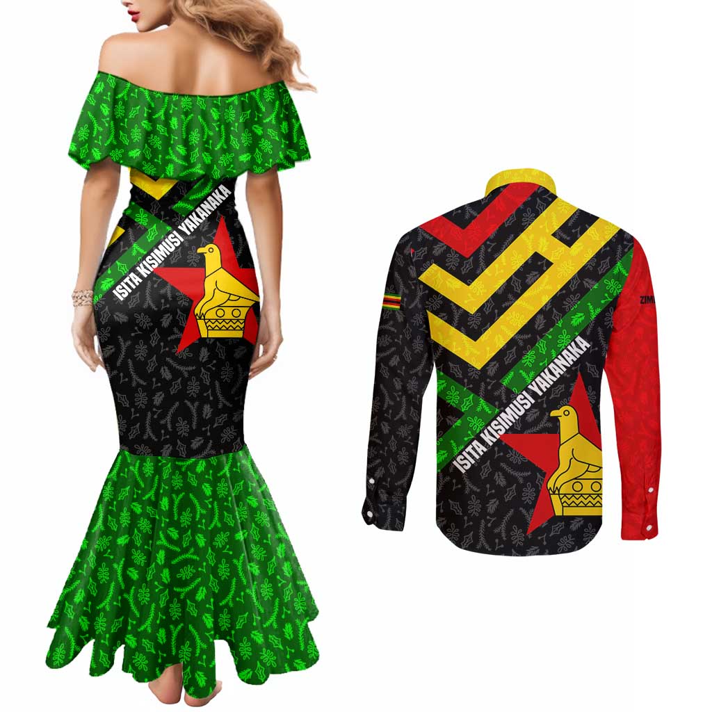 Zimbabwe Christmas Couples Matching Mermaid Dress and Long Sleeve Button Shirt with Flag Colors Xmas Tree and Holiday - Wonder Print Shop