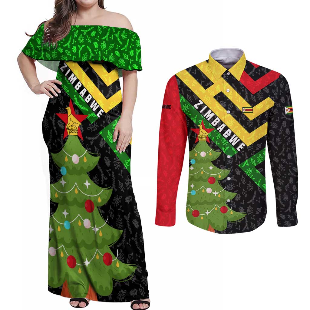 Zimbabwe Christmas Couples Matching Off Shoulder Maxi Dress and Long Sleeve Button Shirt with Flag Colors Xmas Tree and Holiday - Wonder Print Shop