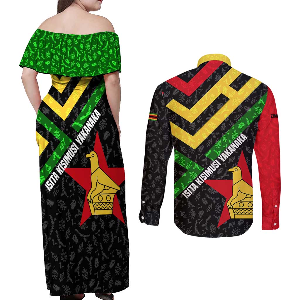 Zimbabwe Christmas Couples Matching Off Shoulder Maxi Dress and Long Sleeve Button Shirt with Flag Colors Xmas Tree and Holiday - Wonder Print Shop