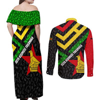 Zimbabwe Christmas Couples Matching Off Shoulder Maxi Dress and Long Sleeve Button Shirt with Flag Colors Xmas Tree and Holiday - Wonder Print Shop