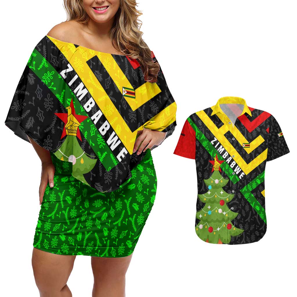 Zimbabwe Christmas Couples Matching Off Shoulder Short Dress and Hawaiian Shirt with Flag Colors Xmas Tree and Holiday - Wonder Print Shop