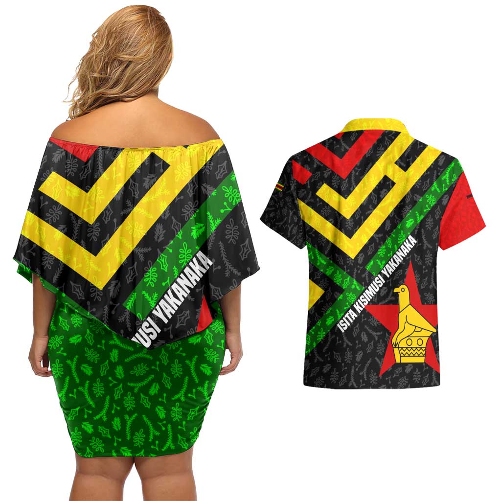 Zimbabwe Christmas Couples Matching Off Shoulder Short Dress and Hawaiian Shirt with Flag Colors Xmas Tree and Holiday - Wonder Print Shop