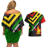 Zimbabwe Christmas Couples Matching Off Shoulder Short Dress and Hawaiian Shirt with Flag Colors Xmas Tree and Holiday - Wonder Print Shop