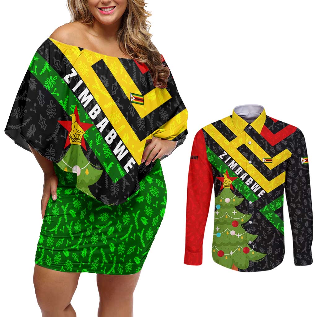 Zimbabwe Christmas Couples Matching Off Shoulder Short Dress and Long Sleeve Button Shirt with Flag Colors Xmas Tree and Holiday - Wonder Print Shop