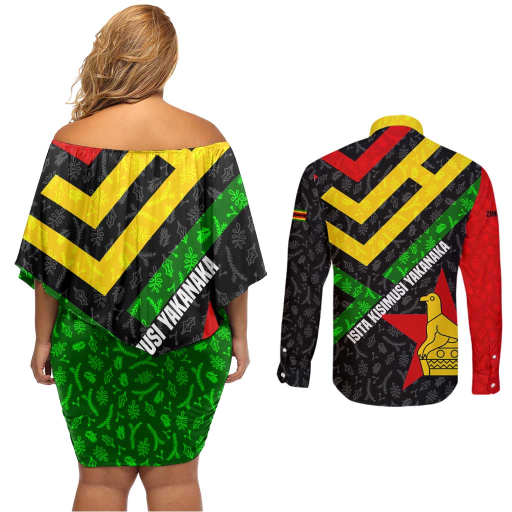 Zimbabwe Christmas Couples Matching Off Shoulder Short Dress and Long Sleeve Button Shirt with Flag Colors Xmas Tree and Holiday - Wonder Print Shop