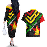 Zimbabwe Christmas Couples Matching Off The Shoulder Long Sleeve Dress and Hawaiian Shirt with Flag Colors Xmas Tree and Holiday - Wonder Print Shop