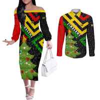 Zimbabwe Christmas Couples Matching Off The Shoulder Long Sleeve Dress and Long Sleeve Button Shirt with Flag Colors Xmas Tree and Holiday - Wonder Print Shop