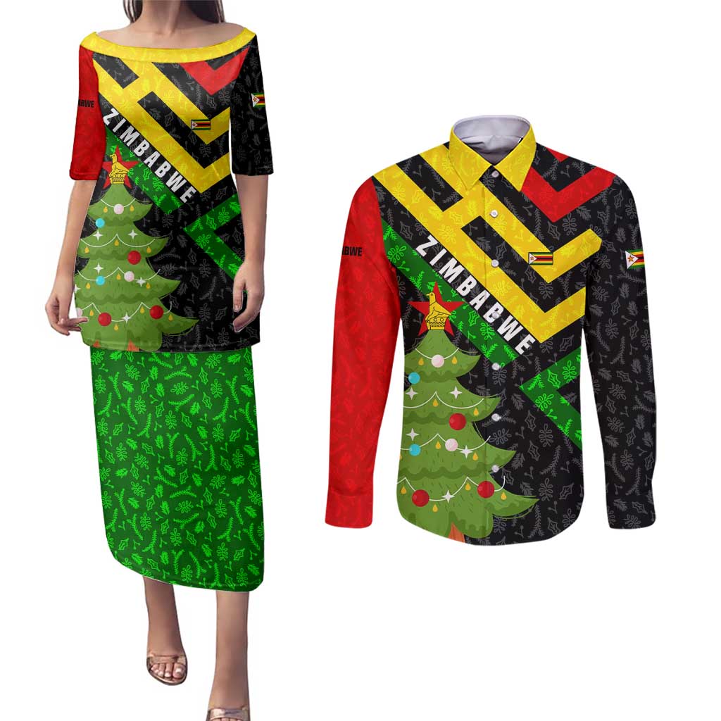Zimbabwe Christmas Couples Matching Puletasi and Long Sleeve Button Shirt with Flag Colors Xmas Tree and Holiday - Wonder Print Shop
