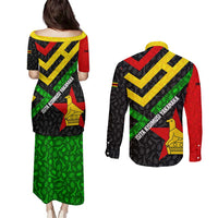Zimbabwe Christmas Couples Matching Puletasi and Long Sleeve Button Shirt with Flag Colors Xmas Tree and Holiday - Wonder Print Shop
