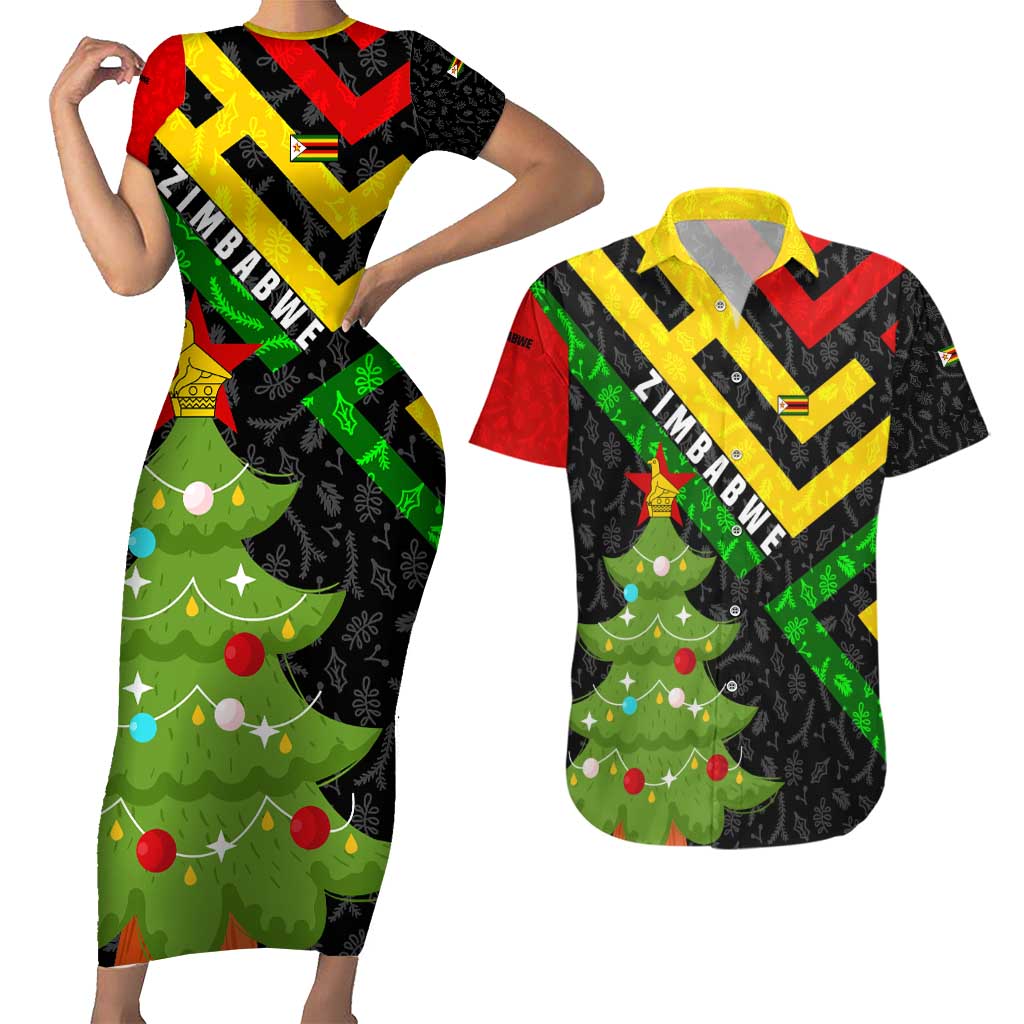 Zimbabwe Christmas Couples Matching Short Sleeve Bodycon Dress and Hawaiian Shirt with Flag Colors Xmas Tree and Holiday - Wonder Print Shop