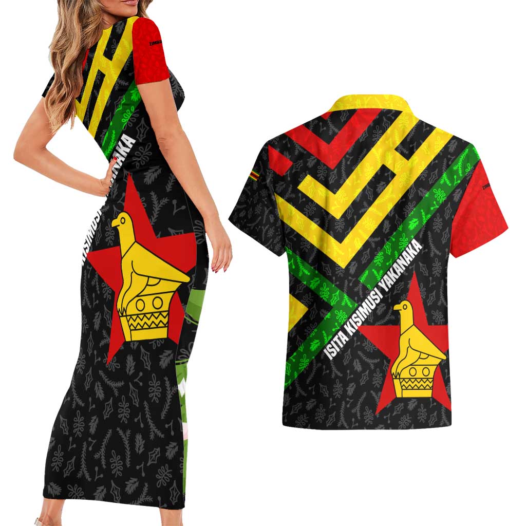 Zimbabwe Christmas Couples Matching Short Sleeve Bodycon Dress and Hawaiian Shirt with Flag Colors Xmas Tree and Holiday - Wonder Print Shop