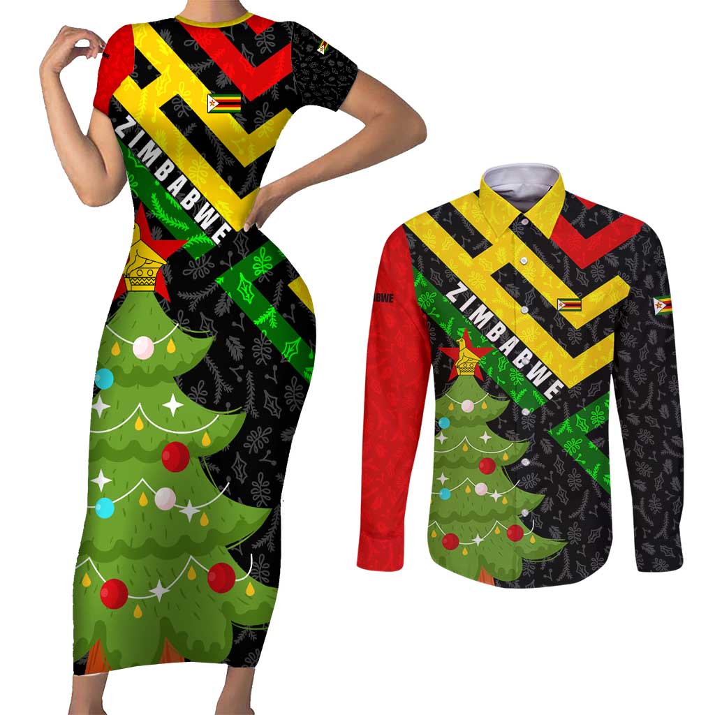 Zimbabwe Christmas Couples Matching Short Sleeve Bodycon Dress and Long Sleeve Button Shirt with Flag Colors Xmas Tree and Holiday - Wonder Print Shop