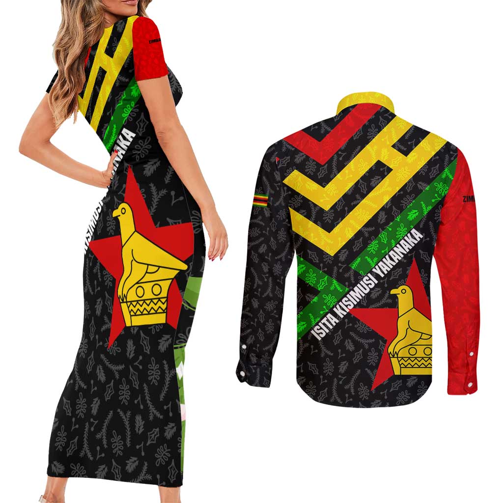 Zimbabwe Christmas Couples Matching Short Sleeve Bodycon Dress and Long Sleeve Button Shirt with Flag Colors Xmas Tree and Holiday - Wonder Print Shop