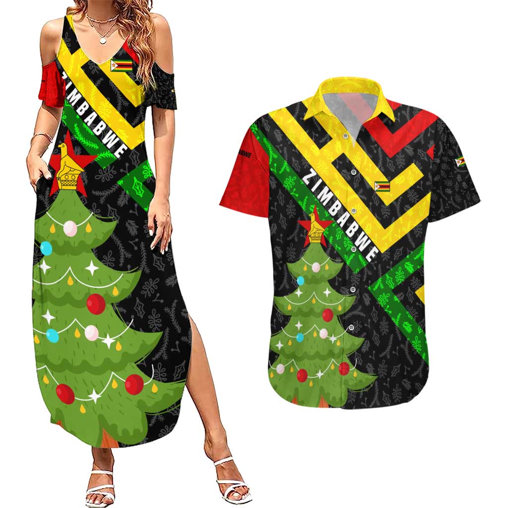 Zimbabwe Christmas Couples Matching Summer Maxi Dress and Hawaiian Shirt with Flag Colors Xmas Tree and Holiday - Wonder Print Shop
