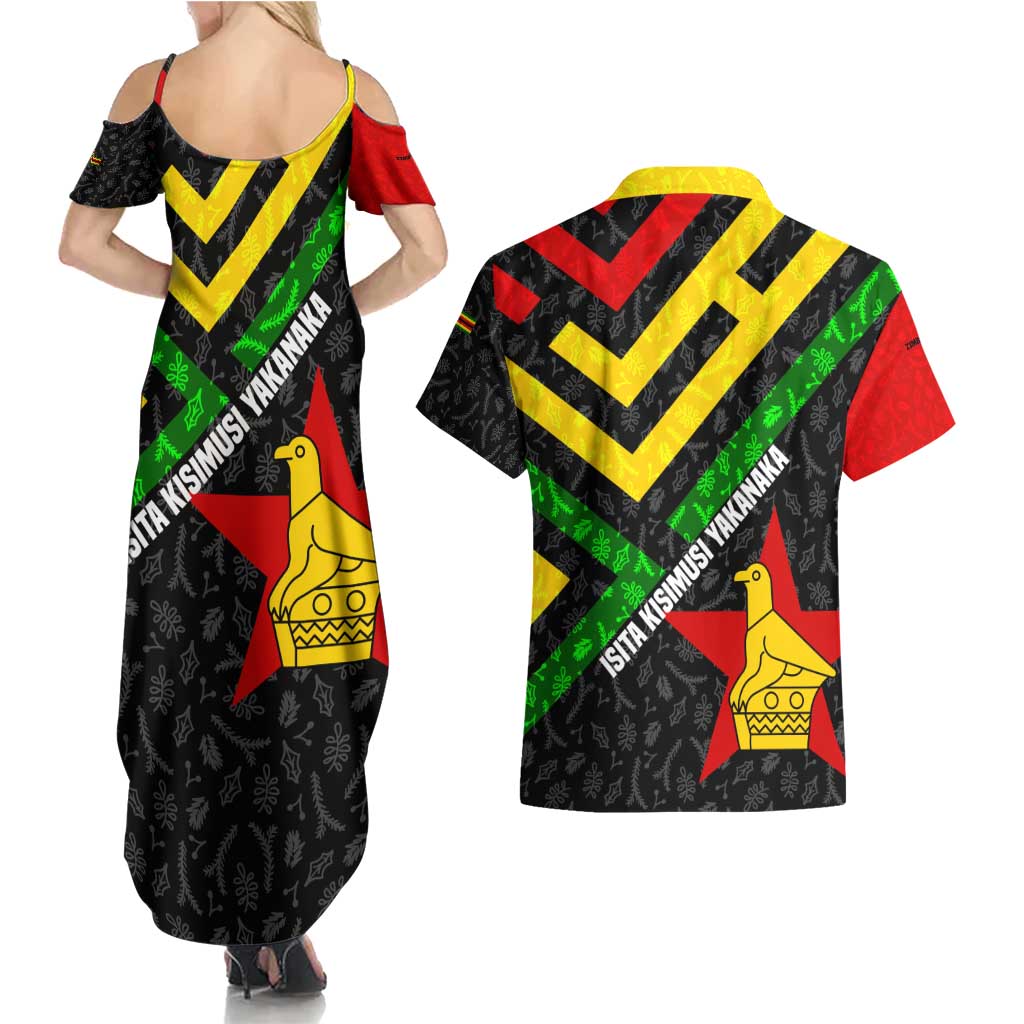 Zimbabwe Christmas Couples Matching Summer Maxi Dress and Hawaiian Shirt with Flag Colors Xmas Tree and Holiday - Wonder Print Shop