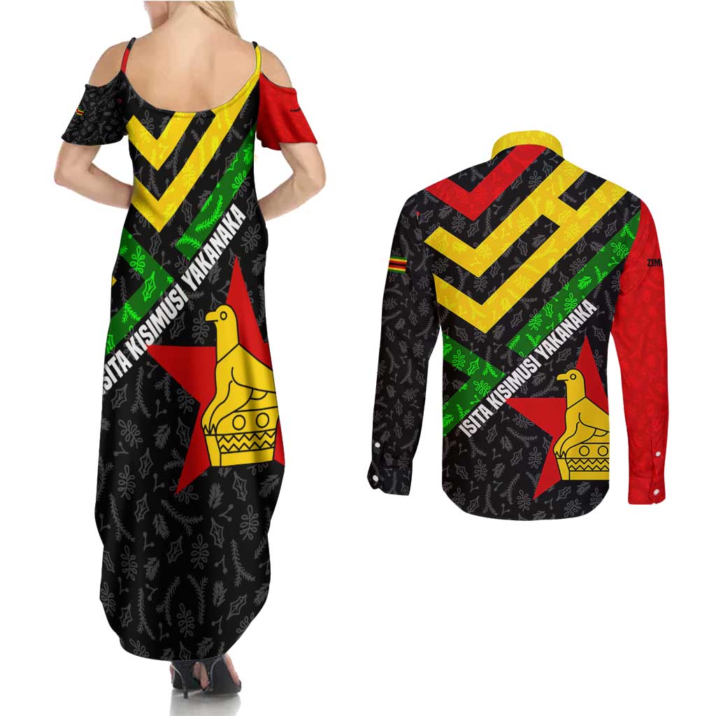 Zimbabwe Christmas Couples Matching Summer Maxi Dress and Long Sleeve Button Shirt with Flag Colors Xmas Tree and Holiday - Wonder Print Shop