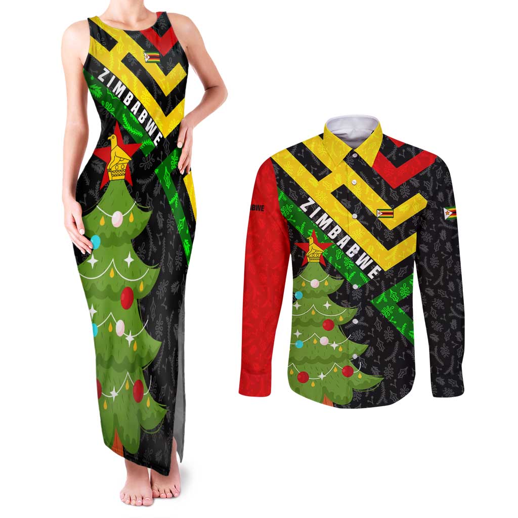 Zimbabwe Christmas Couples Matching Tank Maxi Dress and Long Sleeve Button Shirt with Flag Colors Xmas Tree and Holiday - Wonder Print Shop