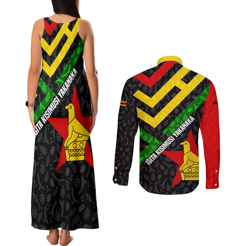 Zimbabwe Christmas Couples Matching Tank Maxi Dress and Long Sleeve Button Shirt with Flag Colors Xmas Tree and Holiday - Wonder Print Shop