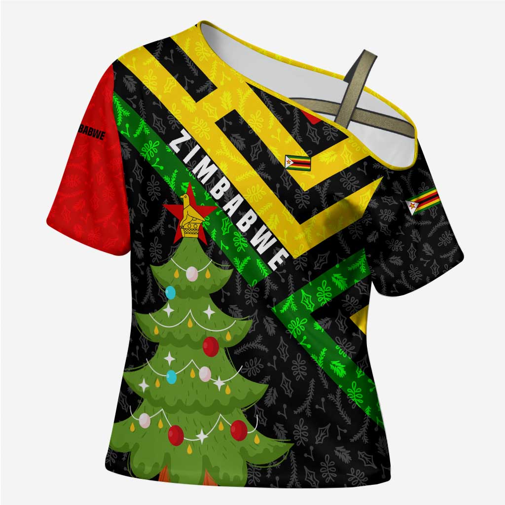 Zimbabwe Christmas Cross Shoulder Shirt with Flag Colors Xmas Tree and Holiday - Wonder Print Shop