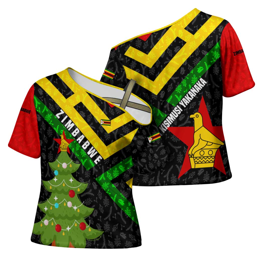 Zimbabwe Christmas Cross Shoulder Shirt with Flag Colors Xmas Tree and Holiday - Wonder Print Shop