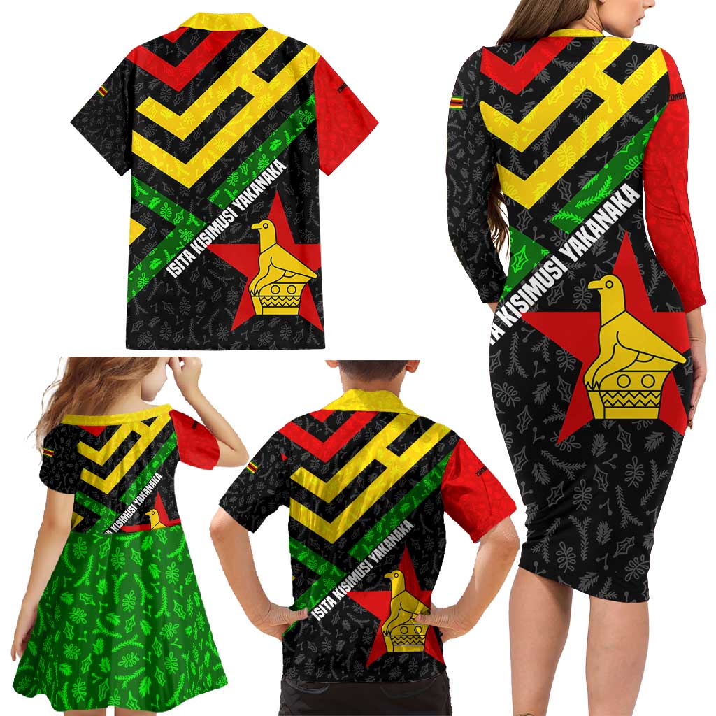 Zimbabwe Christmas Family Matching Long Sleeve Bodycon Dress and Hawaiian Shirt with Flag Colors Xmas Tree and Holiday - Wonder Print Shop