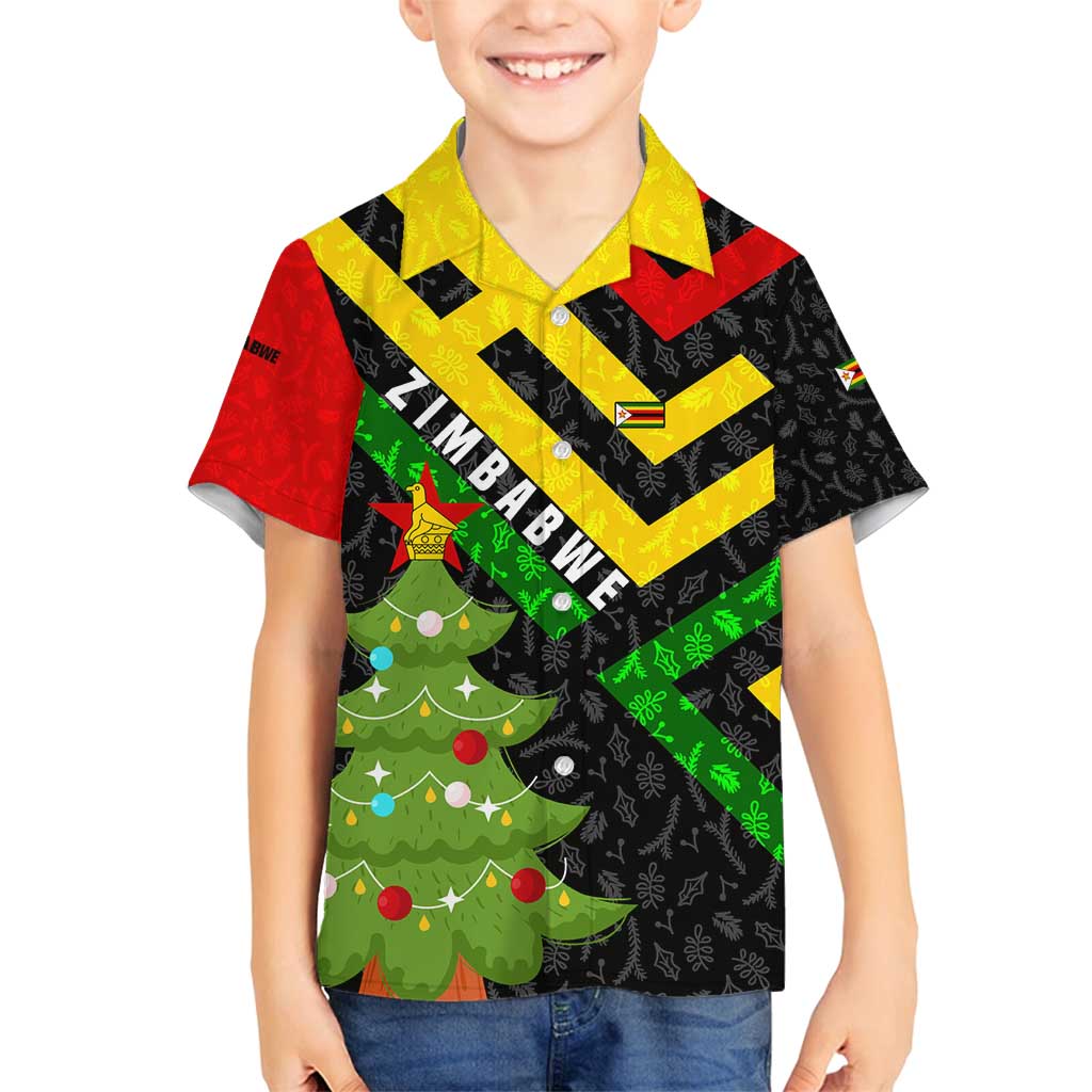 Zimbabwe Christmas Family Matching Long Sleeve Bodycon Dress and Hawaiian Shirt with Flag Colors Xmas Tree and Holiday - Wonder Print Shop