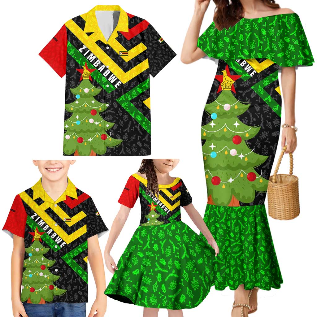 Zimbabwe Christmas Family Matching Mermaid Dress and Hawaiian Shirt with Flag Colors Xmas Tree and Holiday - Wonder Print Shop