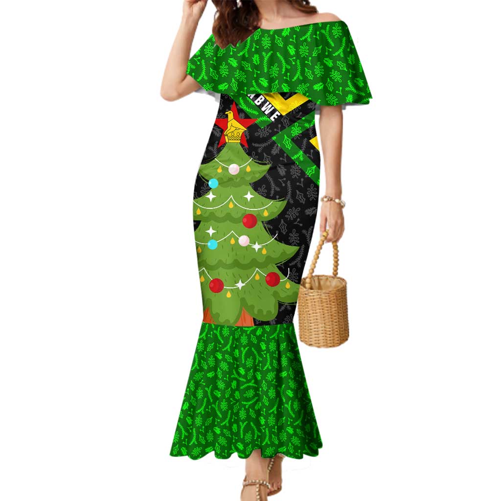 Zimbabwe Christmas Family Matching Mermaid Dress and Hawaiian Shirt with Flag Colors Xmas Tree and Holiday - Wonder Print Shop