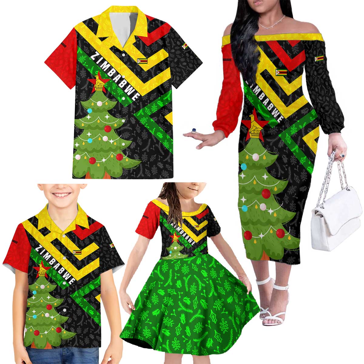 Zimbabwe Christmas Family Matching Off The Shoulder Long Sleeve Dress and Hawaiian Shirt with Flag Colors Xmas Tree and Holiday - Wonder Print Shop