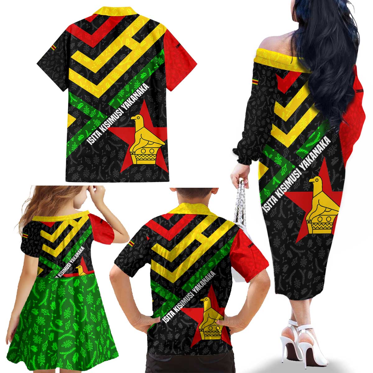Zimbabwe Christmas Family Matching Off The Shoulder Long Sleeve Dress and Hawaiian Shirt with Flag Colors Xmas Tree and Holiday - Wonder Print Shop