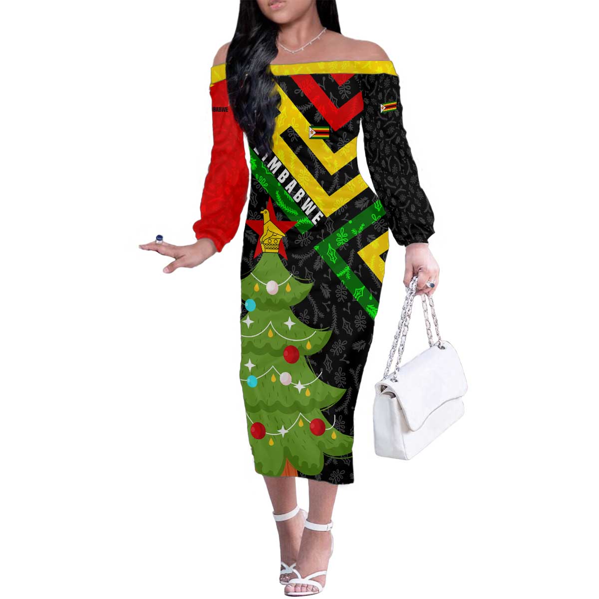 Zimbabwe Christmas Family Matching Off The Shoulder Long Sleeve Dress and Hawaiian Shirt with Flag Colors Xmas Tree and Holiday - Wonder Print Shop