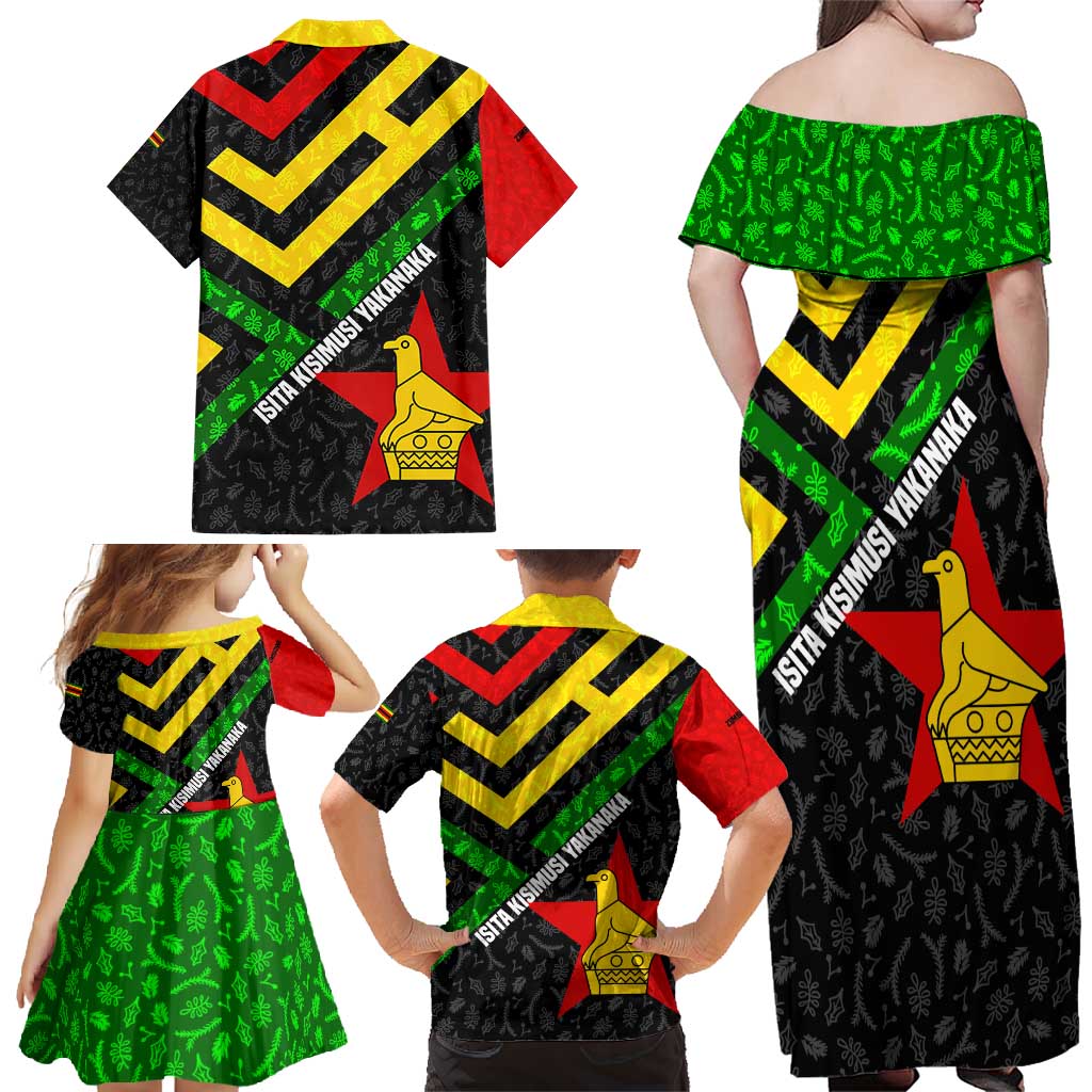 Zimbabwe Christmas Family Matching Off Shoulder Maxi Dress and Hawaiian Shirt with Flag Colors Xmas Tree and Holiday - Wonder Print Shop