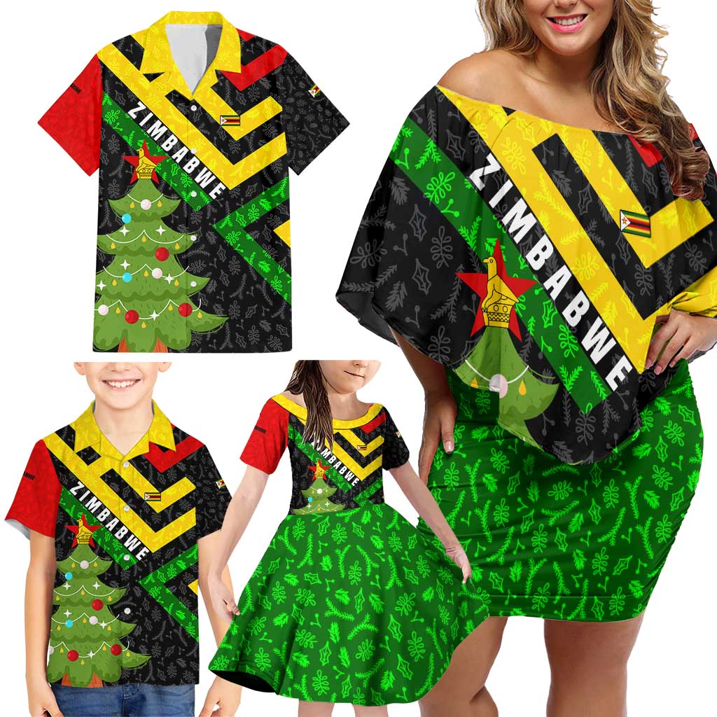 Zimbabwe Christmas Family Matching Off Shoulder Short Dress and Hawaiian Shirt with Flag Colors Xmas Tree and Holiday - Wonder Print Shop