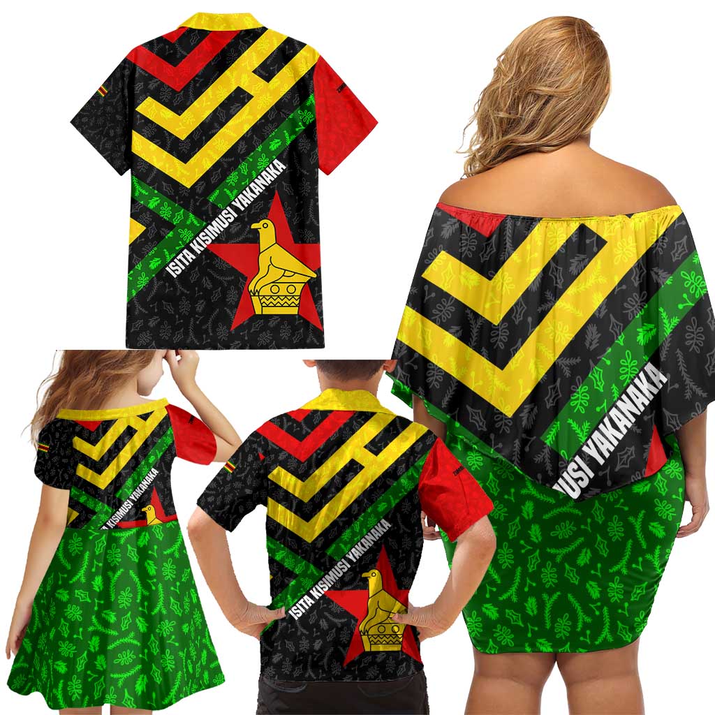 Zimbabwe Christmas Family Matching Off Shoulder Short Dress and Hawaiian Shirt with Flag Colors Xmas Tree and Holiday - Wonder Print Shop