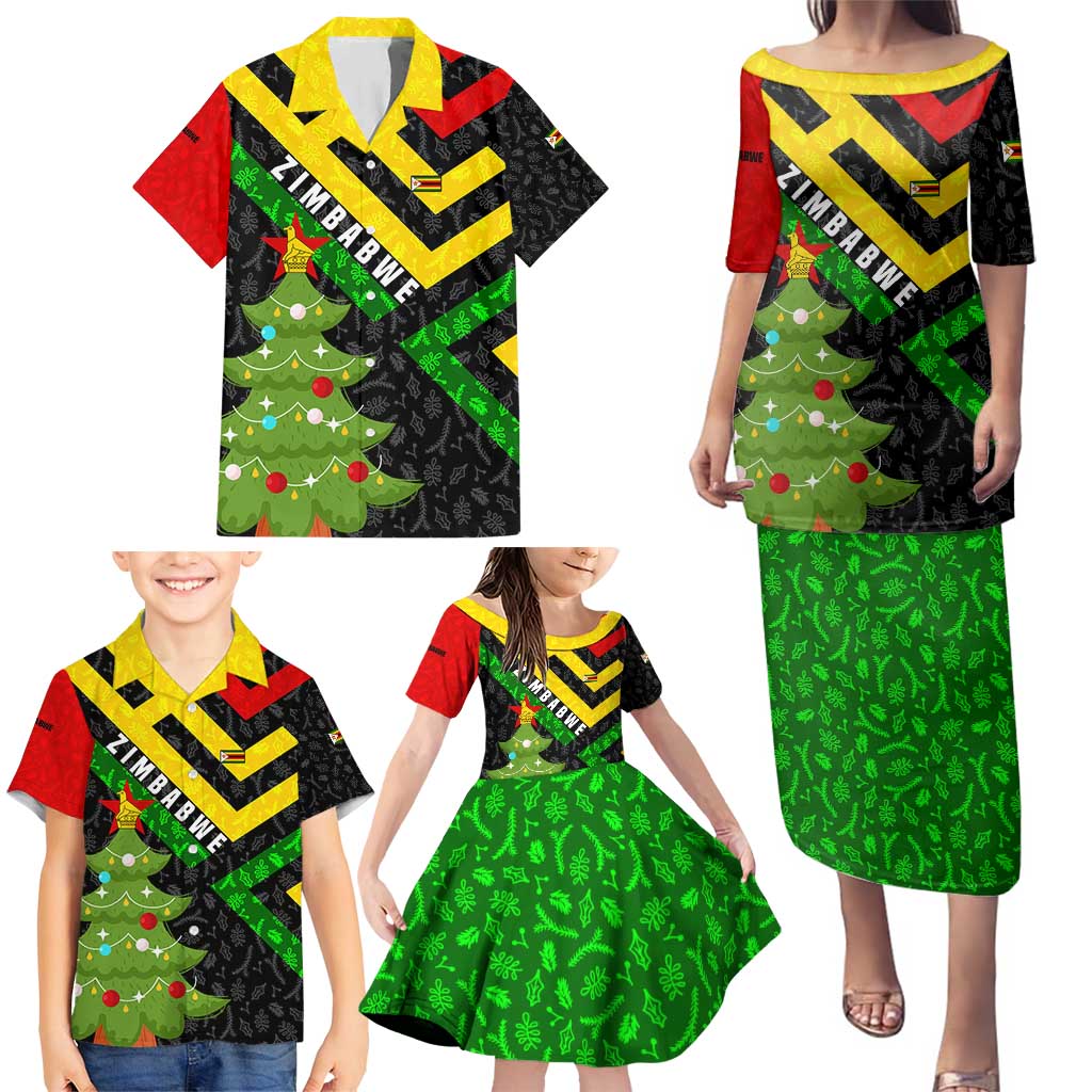 Zimbabwe Christmas Family Matching Puletasi and Hawaiian Shirt with Flag Colors Xmas Tree and Holiday - Wonder Print Shop