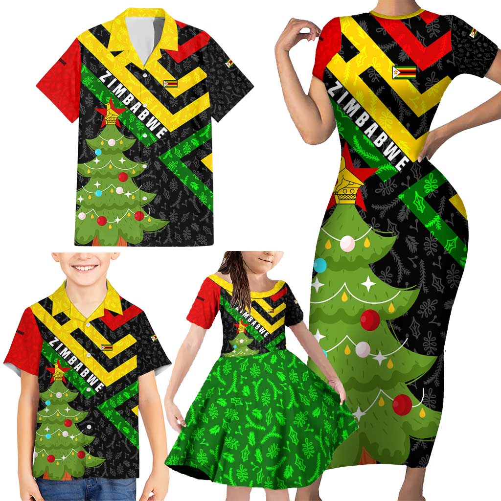 Zimbabwe Christmas Family Matching Short Sleeve Bodycon Dress and Hawaiian Shirt with Flag Colors Xmas Tree and Holiday - Wonder Print Shop