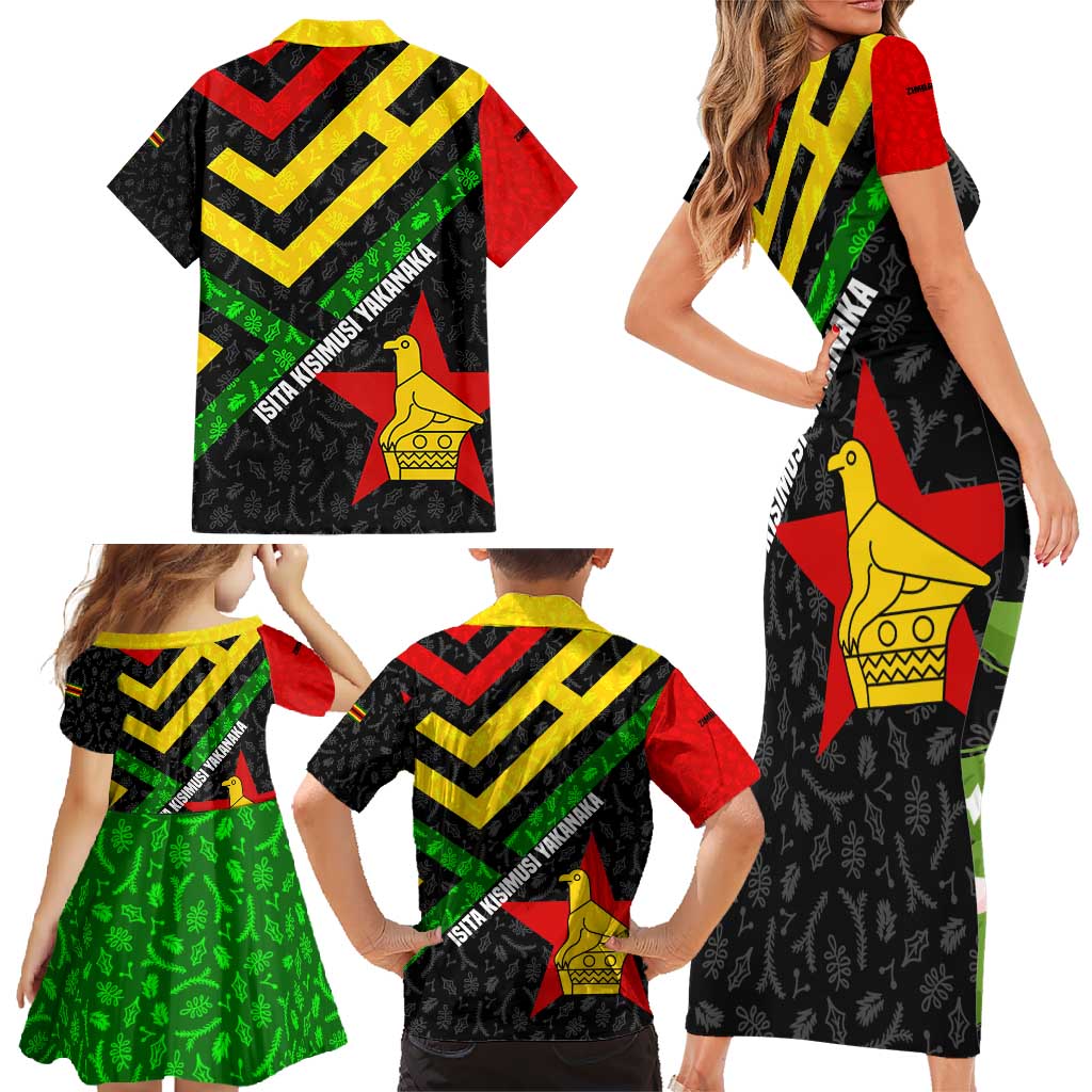 Zimbabwe Christmas Family Matching Short Sleeve Bodycon Dress and Hawaiian Shirt with Flag Colors Xmas Tree and Holiday - Wonder Print Shop