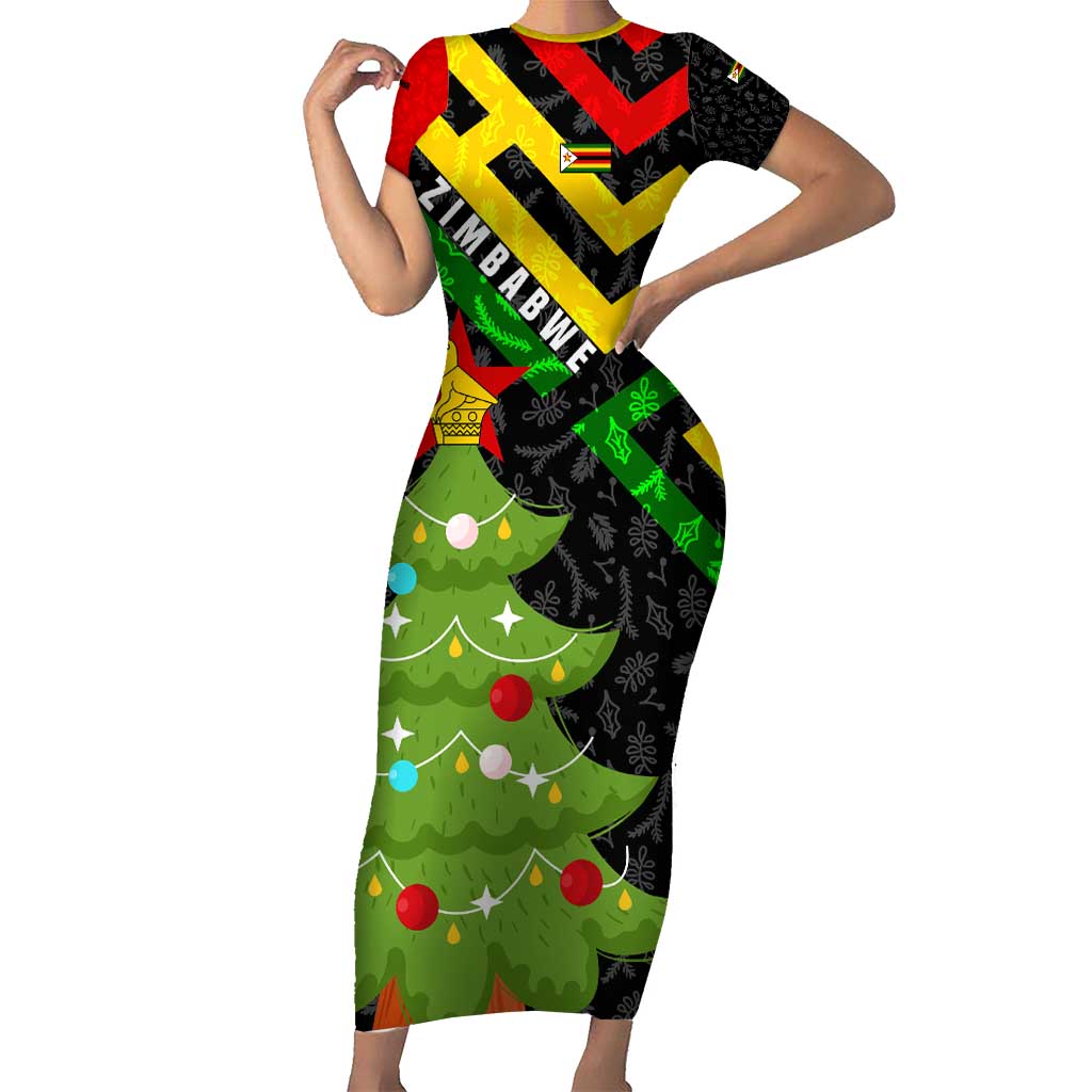 Zimbabwe Christmas Family Matching Short Sleeve Bodycon Dress and Hawaiian Shirt with Flag Colors Xmas Tree and Holiday - Wonder Print Shop