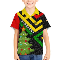 Zimbabwe Christmas Family Matching Short Sleeve Bodycon Dress and Hawaiian Shirt with Flag Colors Xmas Tree and Holiday - Wonder Print Shop