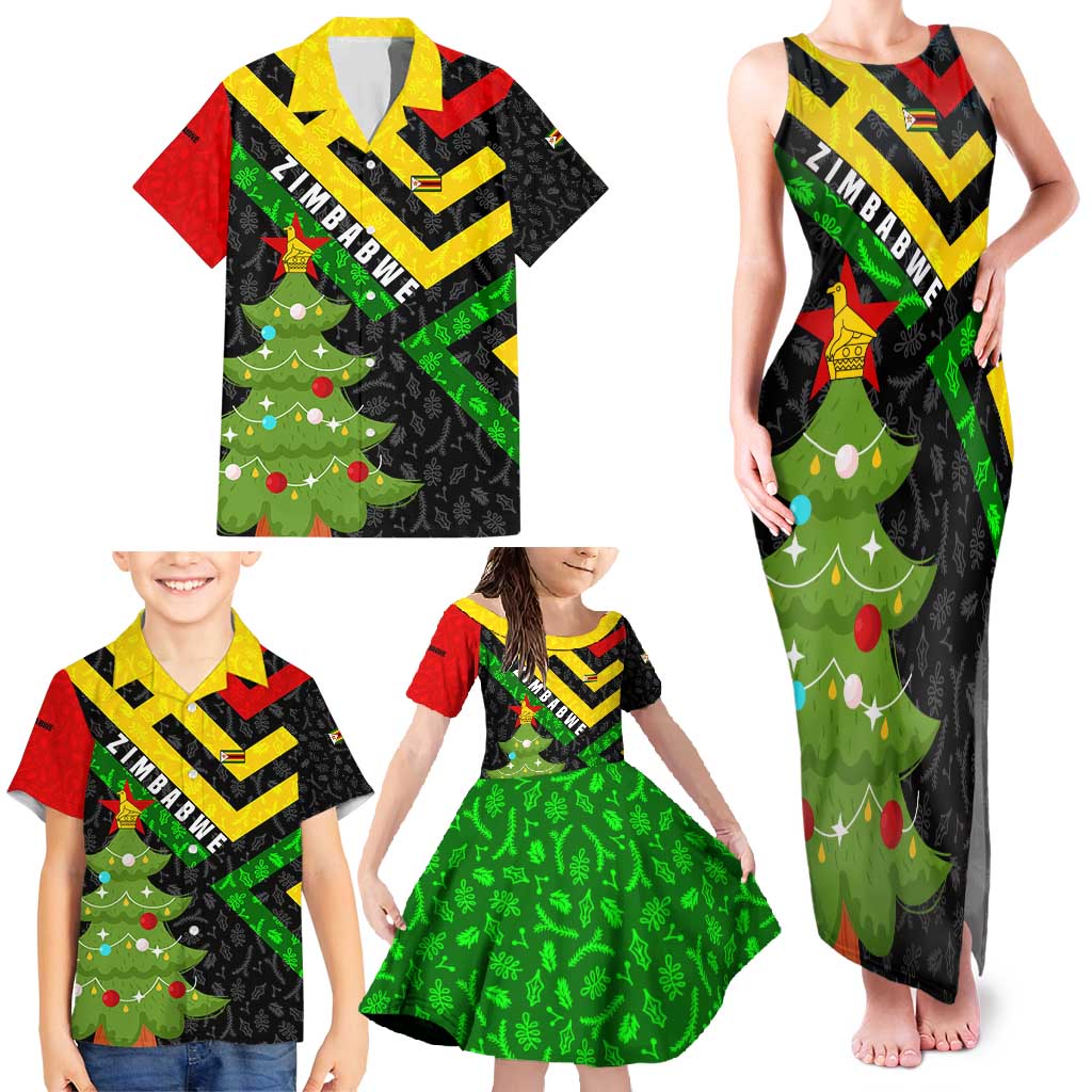 Zimbabwe Christmas Family Matching Tank Maxi Dress and Hawaiian Shirt with Flag Colors Xmas Tree and Holiday - Wonder Print Shop