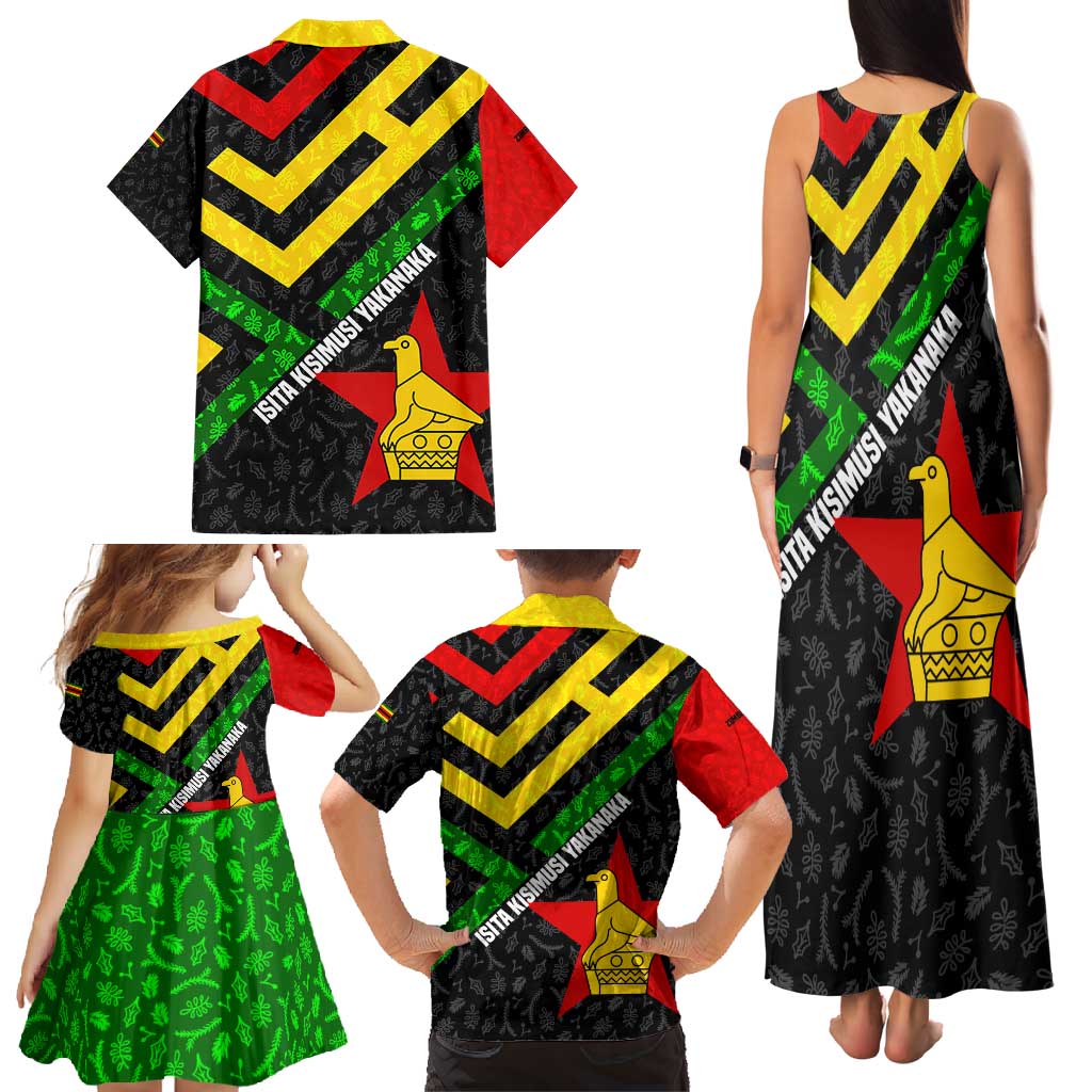 Zimbabwe Christmas Family Matching Tank Maxi Dress and Hawaiian Shirt with Flag Colors Xmas Tree and Holiday - Wonder Print Shop