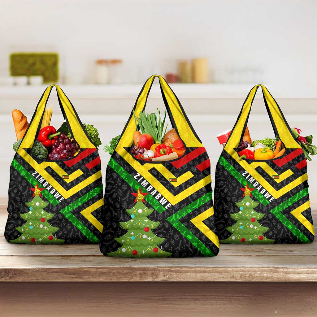 Zimbabwe Christmas Grocery Bag with Flag Colors Xmas Tree and Holiday - Wonder Print Shop